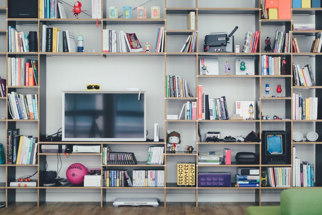 Home entertainment storage with TV, video games and books
